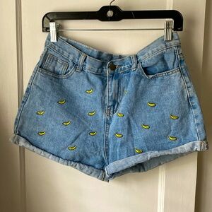 QZL Jeans Banana Embroidered High Waisted Jean Shorts